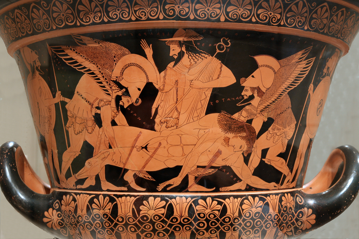 Face A du Cratère d'Euphronios, cratère en calice attique à figures rouges signé par Euxithéos (potier) et Euphronios (peintre), vers 510-515 avant J.C, 44,80 cm x 55 cm. Provenance de Cerveteri. Collection Campana, n° G103, Louvre, Paris.